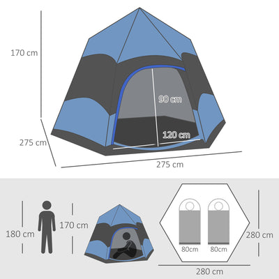 Outsunny Double Layer Dome Tent with Rainfly and Welded Floor, 4 Man Hexagon Pop Up Tent, Portable Camping Shelter with Hang Hook and Carry Bag, for Festival Hiking Family, Blue and Black 