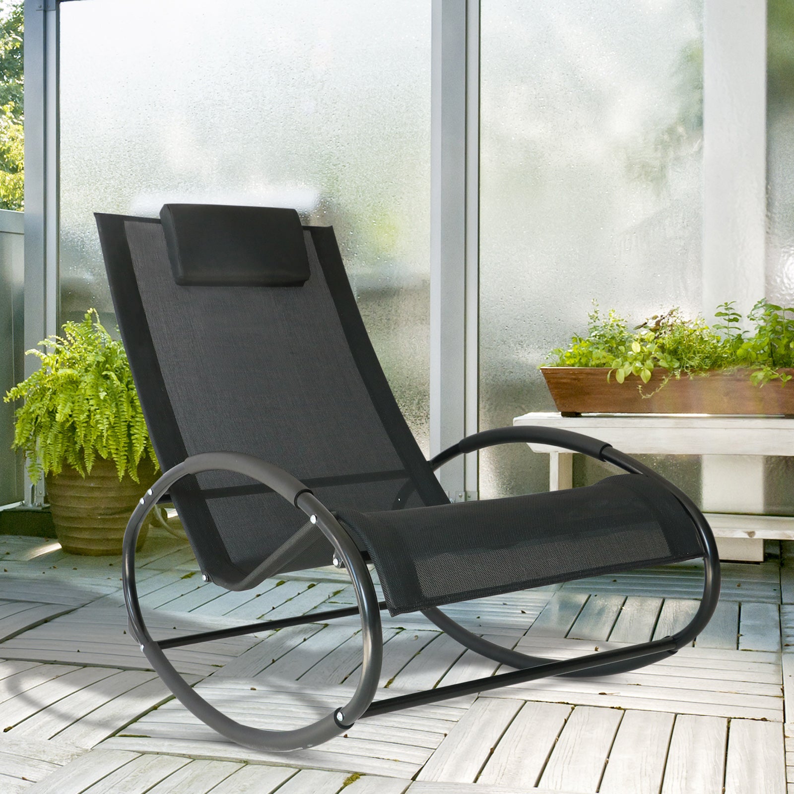 Outsunny Rocking Chair Sun Lounger Recliner Rocker Texteline Fabric Patio Garden Relaxer with Pillow, Black 