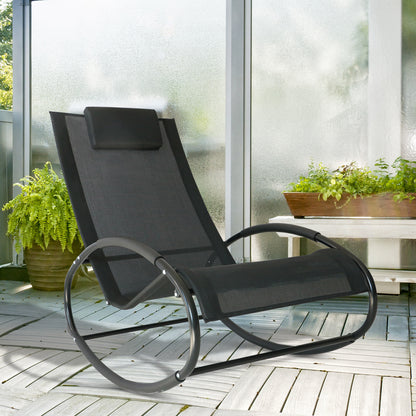 Outsunny Rocking Chair Sun Lounger Recliner Rocker Texteline Fabric Patio Garden Relaxer with Pillow, Black 