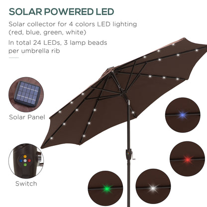 Outsunny Φ2.7m Garden 24 LED Light Parasol Solar Outdoor Tilt Sun Umbrella Patio Club Party Event Manual Sun Shade w/ Hand Crank and 8 Ribs, Brown