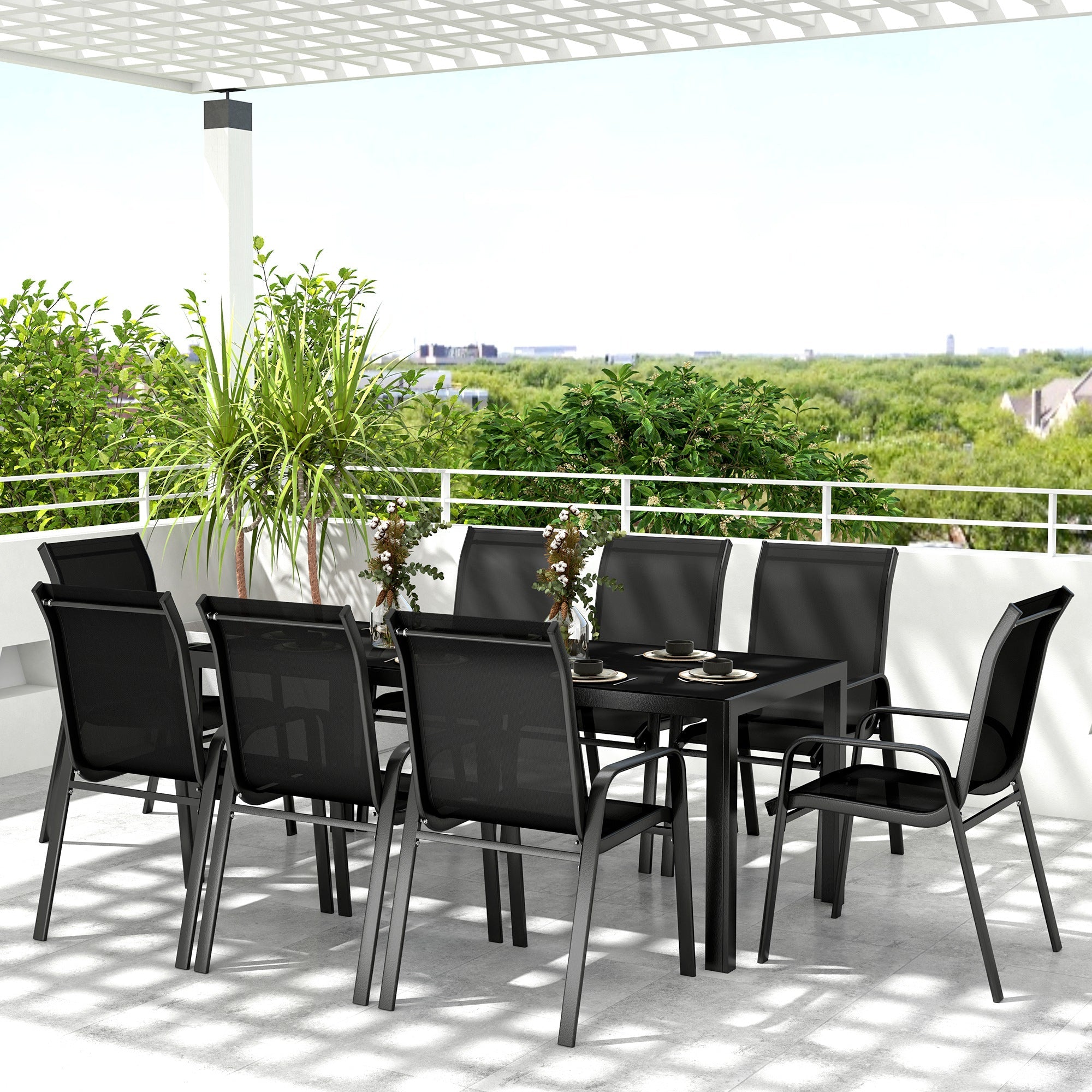 Outsunny 8 Seater Garden Dining Set with Stacking Chairs, Rectangular Tempered Glass Top, Garden Furniture Set, Outdoor Dining Table and Chairs for Patio, Balcony, Poolside, Black 