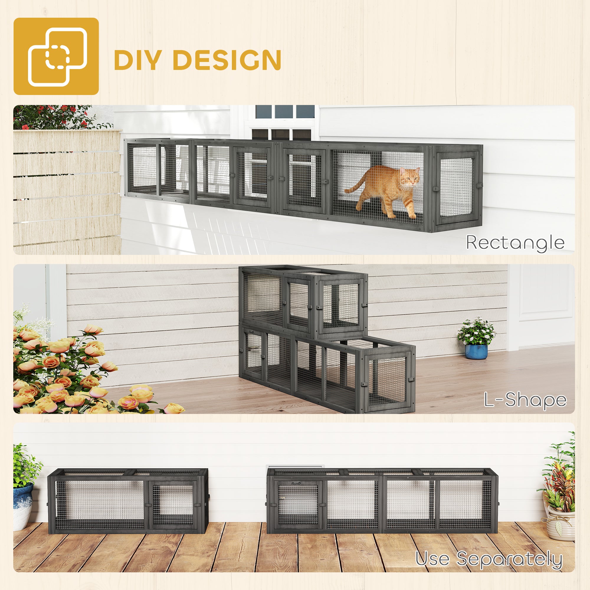 PawHut Cat Tunnel, 250cm Extra Long Wooden Cat Play Tunnel with 8 Doors, L-shape/Rectangle, Outdoor Cat Enclosure, Dark Grey 