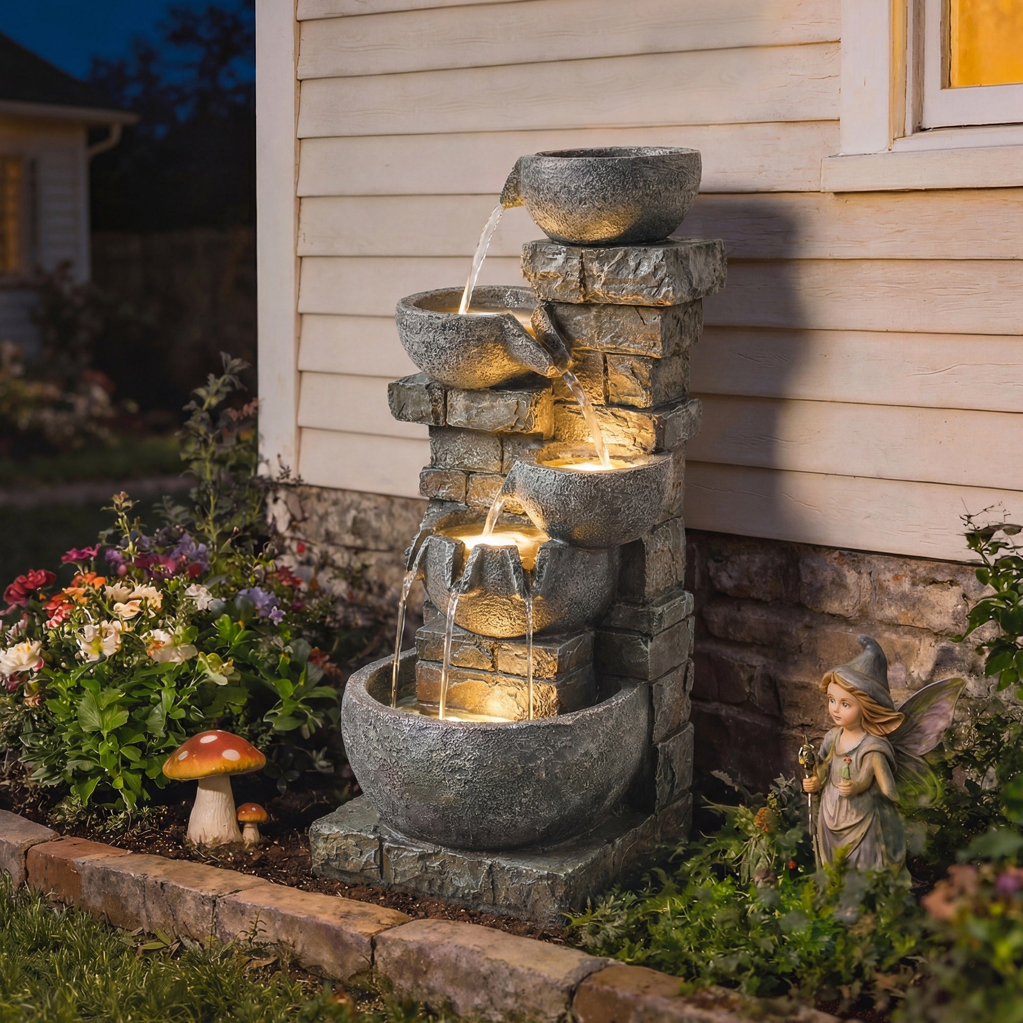 Outsunny Outdoor Water Fountain with LED Lights, 80cm Tall 5 Tiers Cascading Water Feature for Garden Patio Home Decor, Mixed 