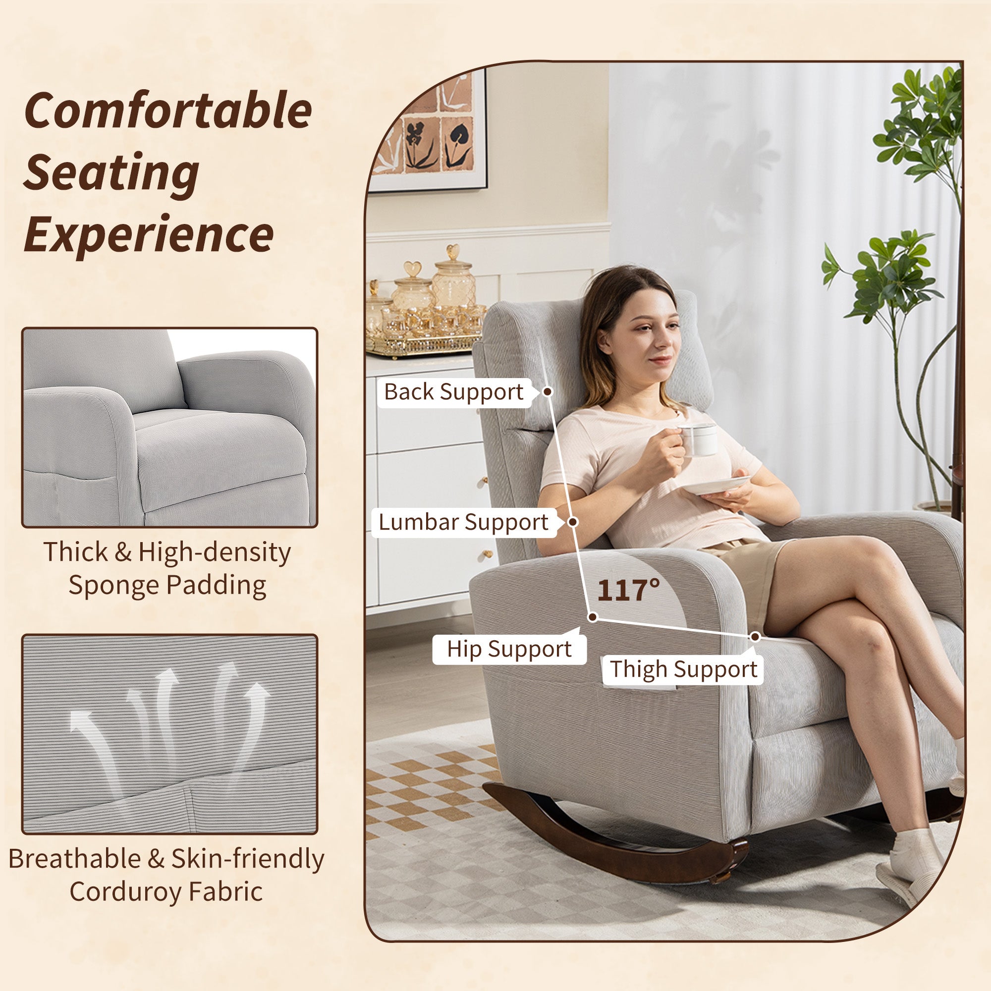 HOMCOM Corduroy Rocking Armchair - Grey 