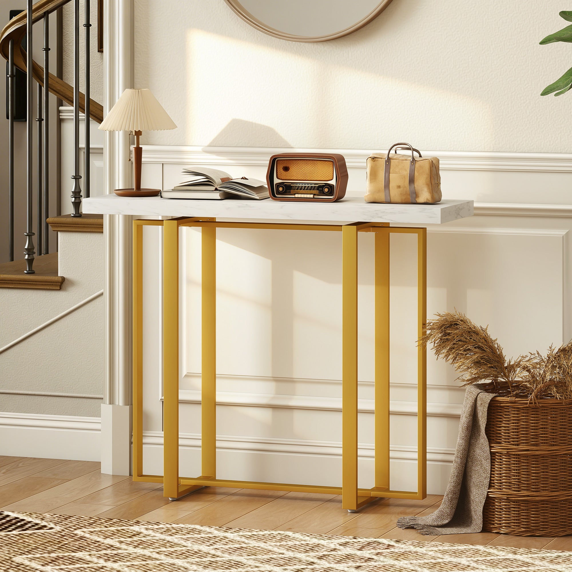 HOMCOM Console Table with Faux Marble Top, 100 cm Narrow Entryway Table with Anti-tipping Device, Steel Frame, White 