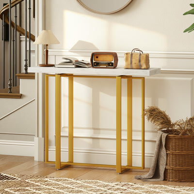 HOMCOM Console Table with Faux Marble Top, 100 cm Narrow Entryway Table with Anti-tipping Device, Steel Frame, White 