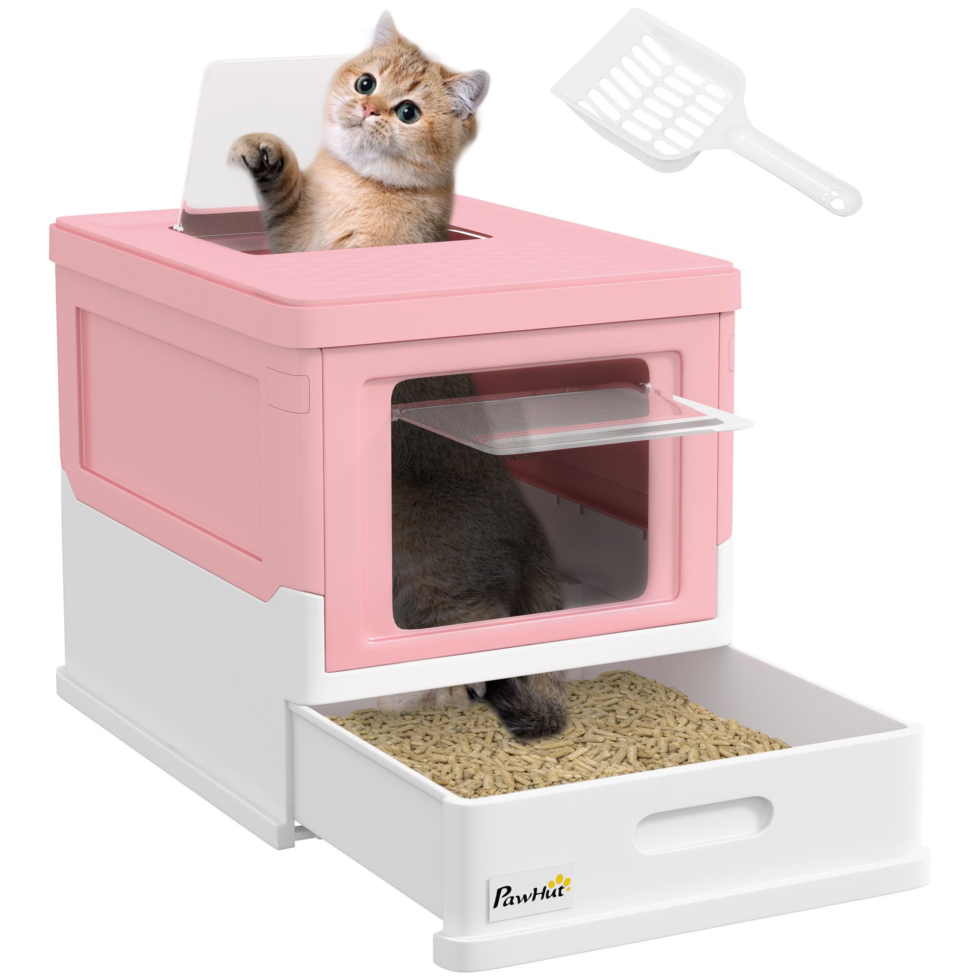 PawHut Hooded Cat Litter Box, Portable Pet Toilet, with Scoop, Front Entry - Pink 