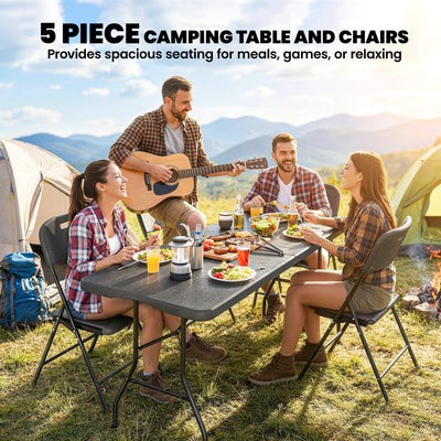Outsunny 5 Piece 6ft Foldable Table and Chairs, Portable Picnic Table Set with 4 Chairs, Waterproof Top and Steel Frame, Black 