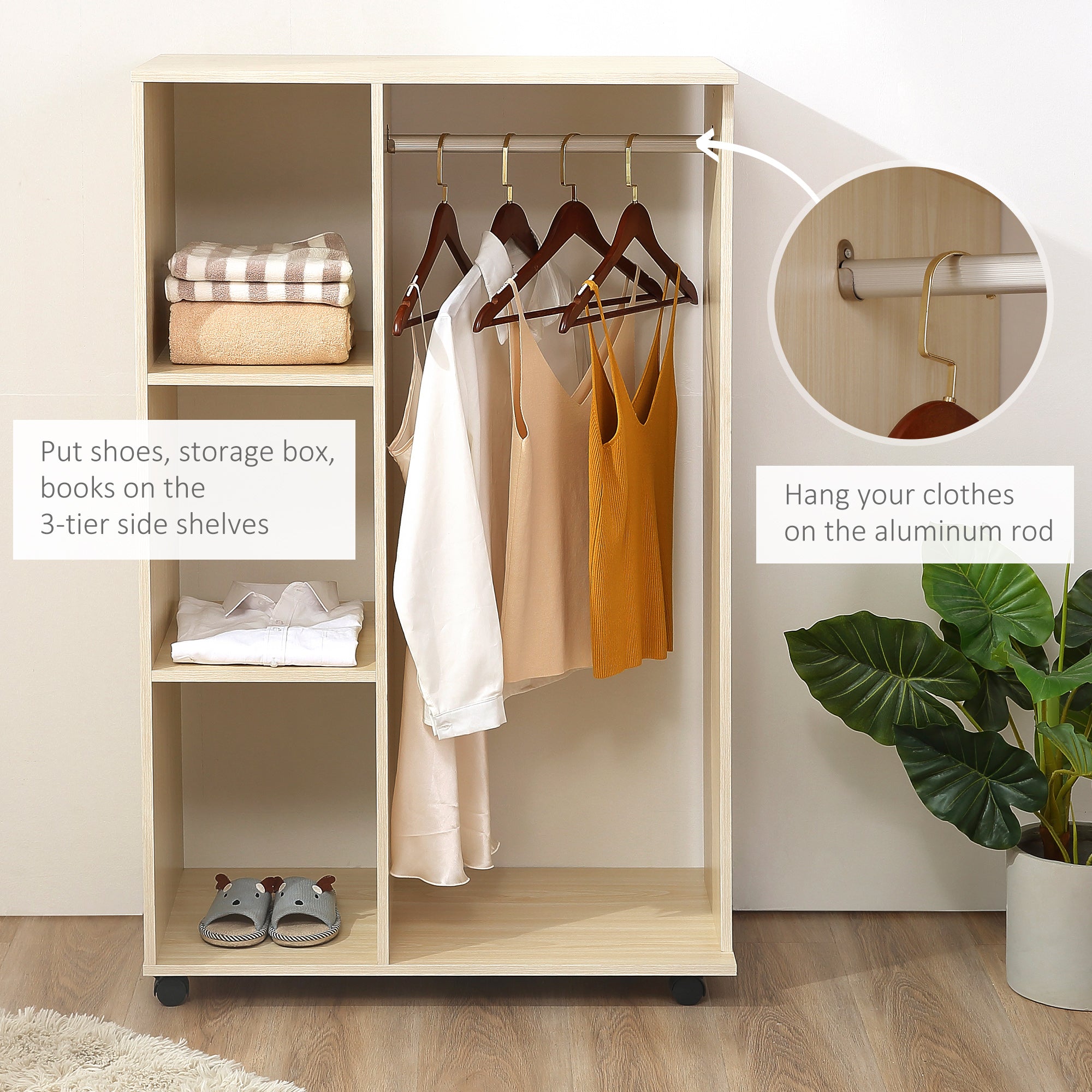 HOMCOM Open Wardrobe on Wheels, Bedroom Wardrobe with Clothes Hanging Rail, 3 Storage Shelves, Mobile Garment Rack for Cloakroom, Hallway, Maple Wood-Effect 