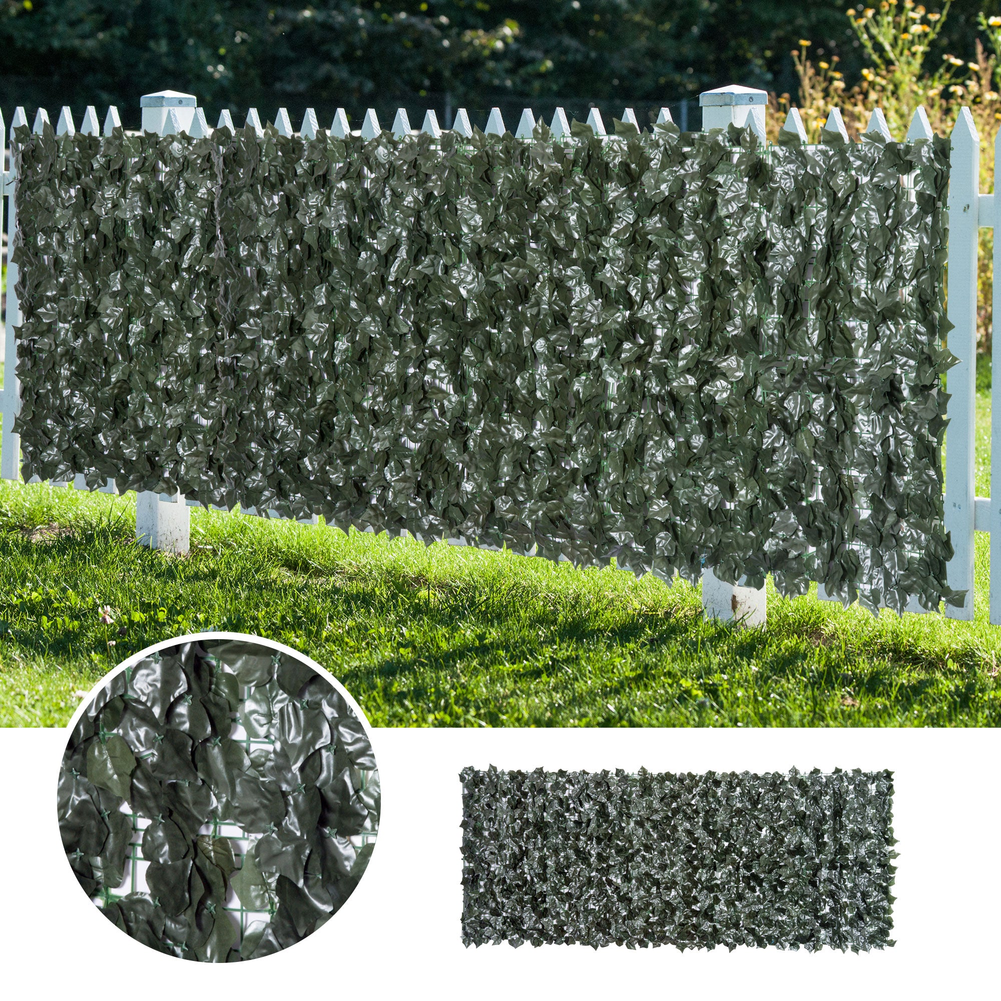 Outsunny 2-Piece Artificial Leaf Hedge Screen Privacy Fence Panel for Garden Outdoor Indoor Decor, Dark Green, 3M x 1.5M 