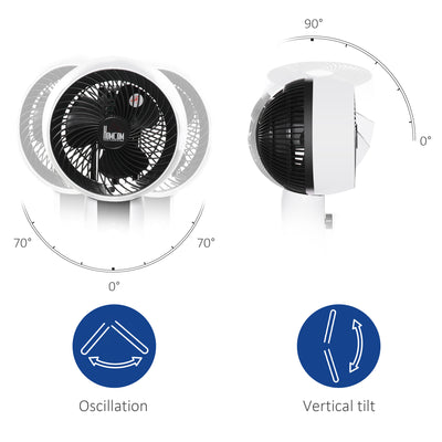 HOMCOM 9'' Air Circulator Fan 3 Speed, 70° Oscillation 90° Vertical Tilt, Carry Handle, Pedestal Fan, Pedestal Fan for Living Room, Bedroom, Office, White and Black 