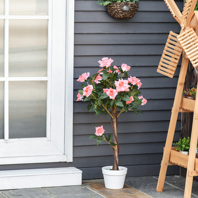 Outsunny Set of 2 Artificial Plants Pink Rose Floral in Pot, Fake Plants for Home Indoor Outdoor Decor, 90cm 