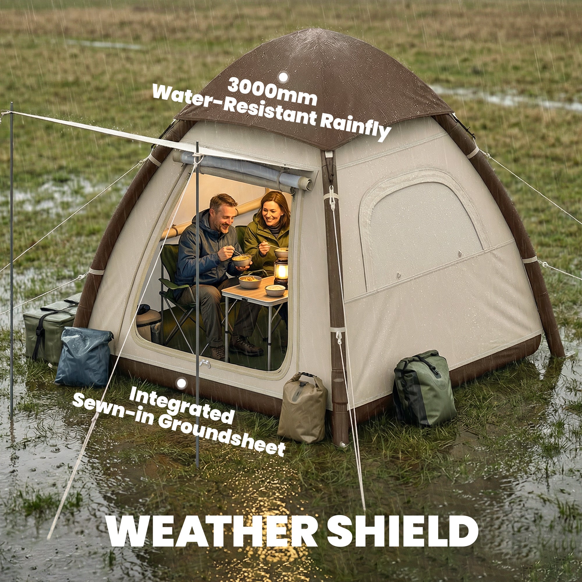 Outsunny Inflatable Camping Tent with Rainfly, 3 Man Air Tent 3000mm Waterproof Blow Up Tents, Cream 