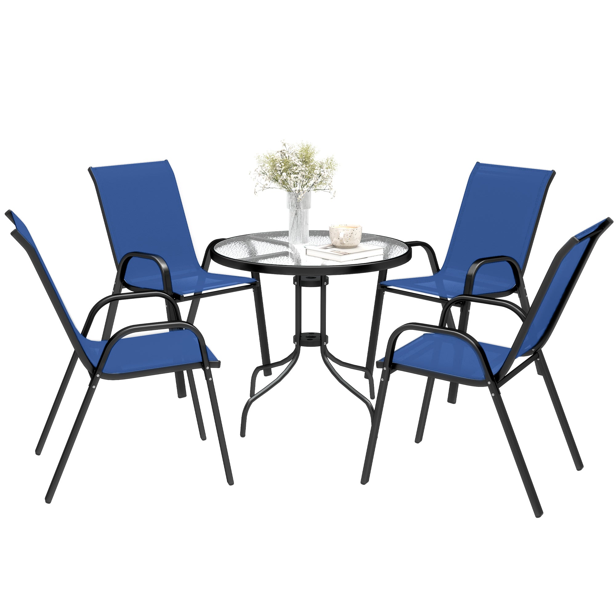 Outsunny Five-Piece Steel Patio Set, with Glass-Top Table - Dark Blue 