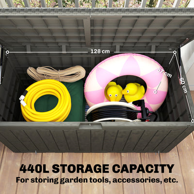Outsunny 440L Garden Storage Box, Waterproof & UV Resistant Resin Deck Box with Lockable Lid, Pneumatic Gas Rods, Side Handles 
