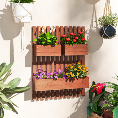 Outsunny Wall-mounted Wooden Garden Planters with Trellis, Drainage Holes and 3 Planter Boxes for Patio, Brown 