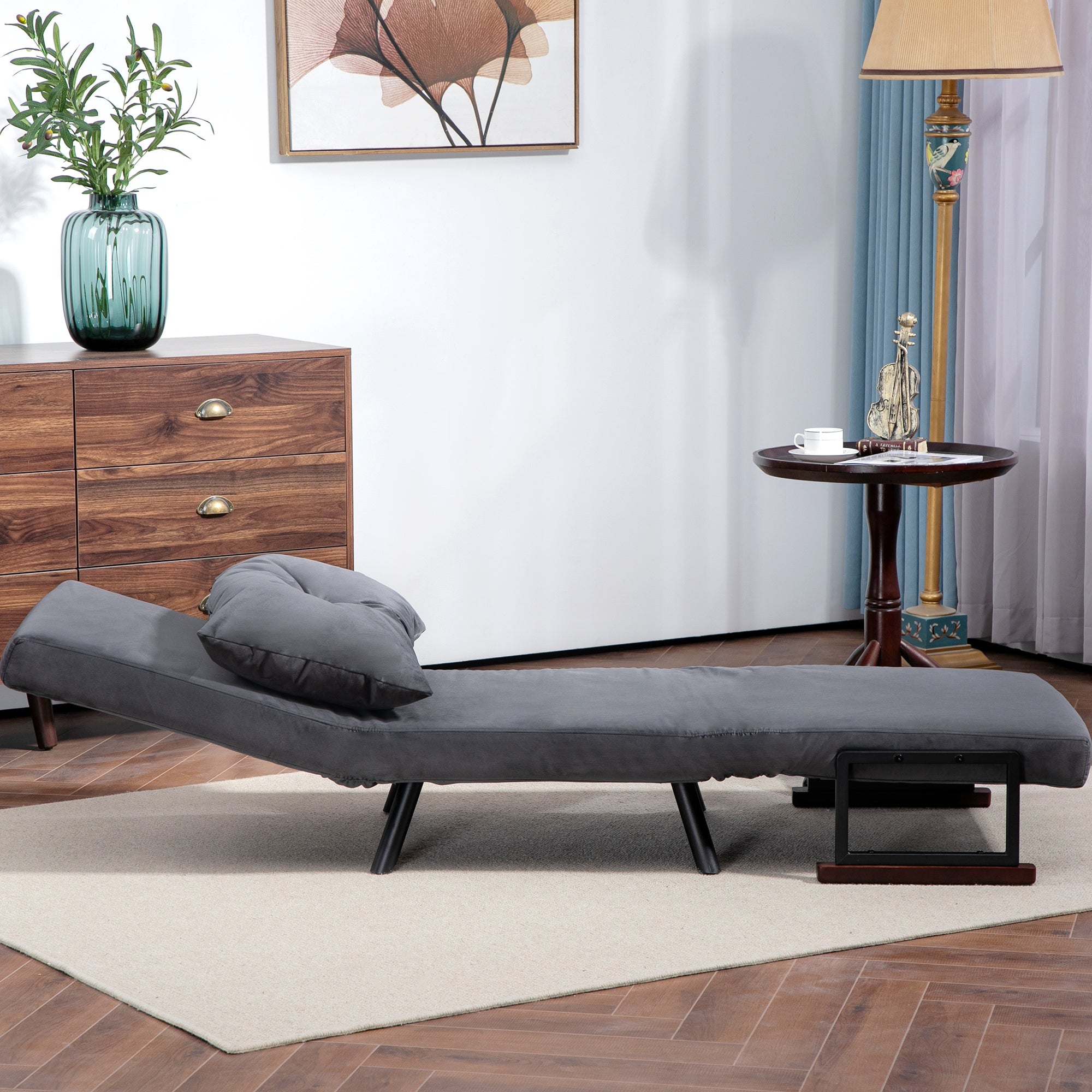 HOMCOM 4-in-1 Velvet-Feel Single Chair Bed, with Pillow - Charcoal Grey 