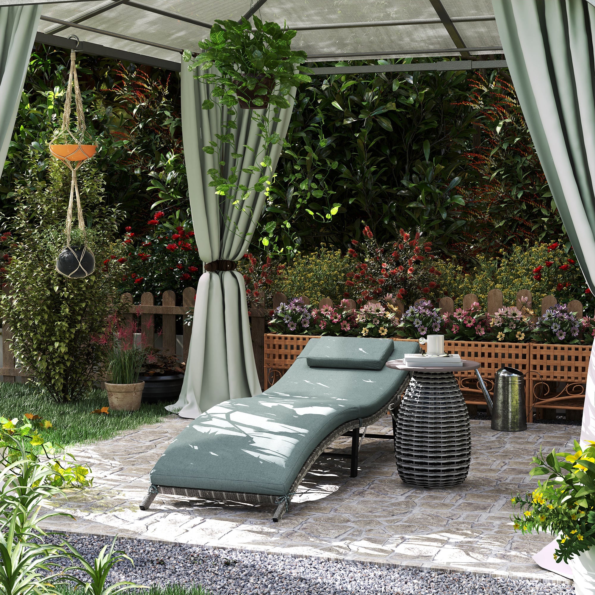 Outsunny Rattan Folding Sun Lounger Outdoor Chair with Cushion and Pillow Mixed Grey 
