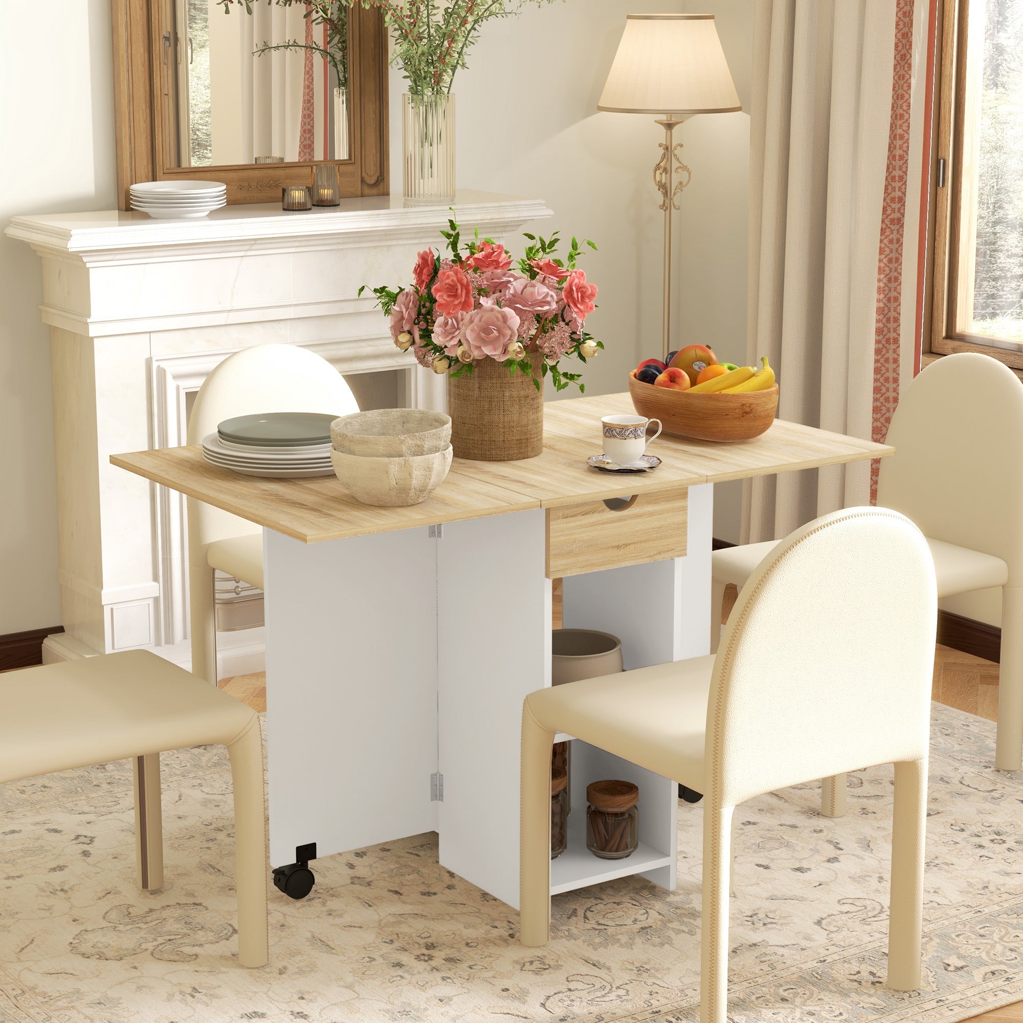 HOMCOM Folding Dining Table, Drop Leaf Table for Small Spaces, Foldable Table with Drawer and Storage Shelves for Kitchen, Dining Room, Oak 