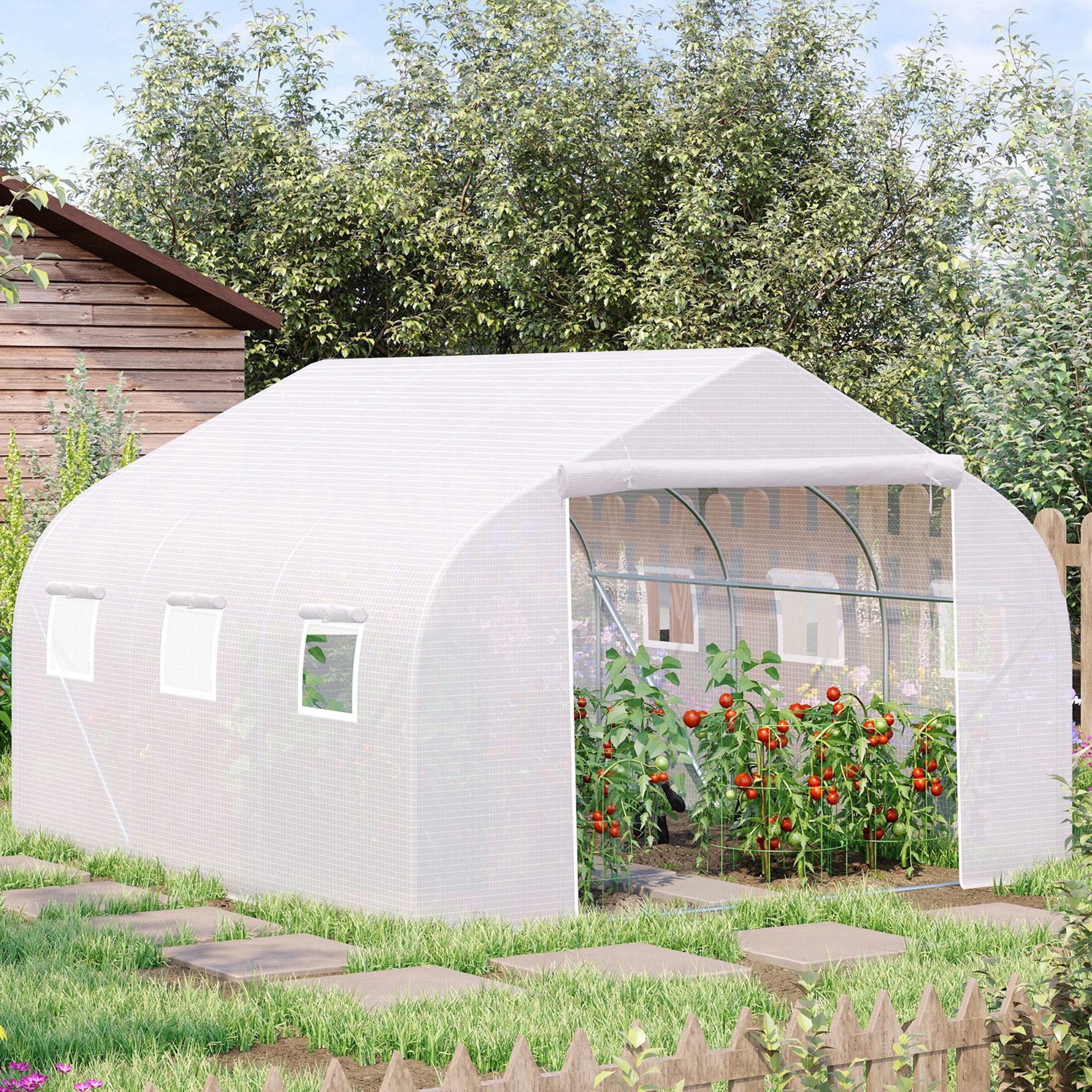 Outsunny Walk-In Polytunnel Greenhouse Warm House Garden Tunnel Shelter Plant Shed with Door and Windows, Galvanised Steel Frame, 3.5 x 3 x 2m, White 