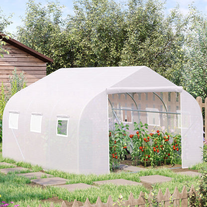 Outsunny Walk-In Polytunnel Greenhouse Warm House Garden Tunnel Shelter Plant Shed with Door and Windows, Galvanised Steel Frame, 3.5 x 3 x 2m, White 