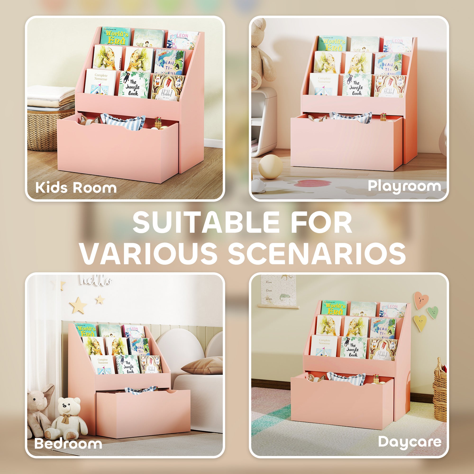 AIYAPLAY Bookcase for Kids with Shelves, Drawer, Bookcase for Bedroom, Playroom, Pink 