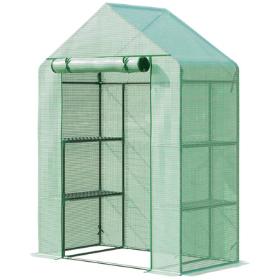 Outsunny Walk In Greenhouse with Shelves, Portable Gardening Plant Grow House for Outdoor with 2 Tier Shelf, Roll-Up Zippered Door, PE Cover, 141 x 72 x 191cm, Green 