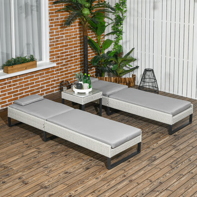 Outsunny 3-piece PE Rattan Sun Lounger Set with Adjustable 5-Position Recliner, Patio Chaise Lounge Chair Set with Cushions, Headrests, Glass Top Square Coffee Table, Light Grey 
