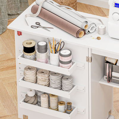 HOMCOM Folding Sewing Table, Drop Leaf Craft Table with Storage Bins, Open Shelf and Wheels, Rolling Sewing Machine Cabinet Computer Desk for Small Space, White 