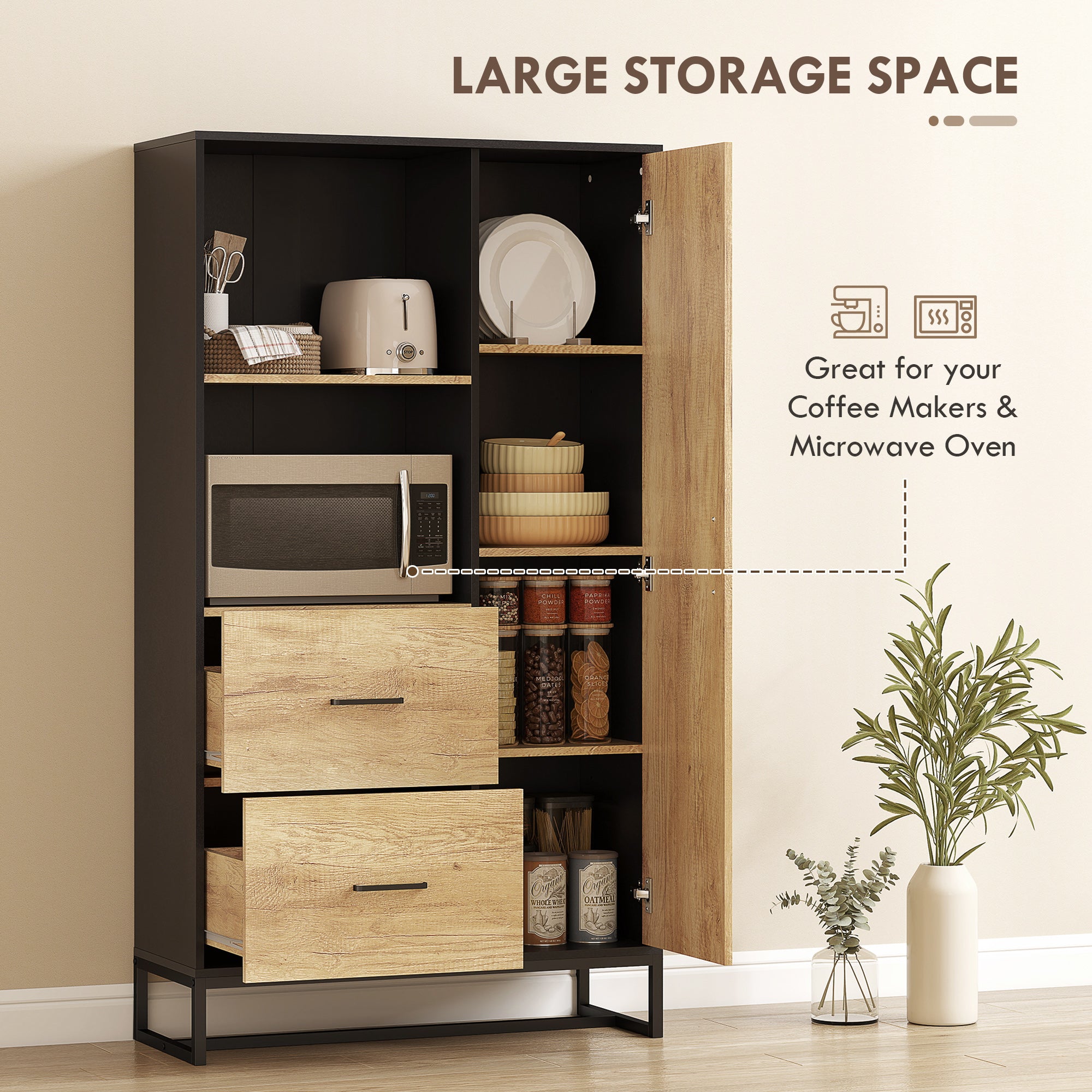 HOMCOM Tall Kitchen Cupboard, Freestanding Kitchen Pantry Cabinet with Adjustable Shelves, Drawers and Soft Close Door, 160cm 