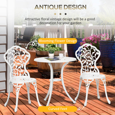 Outsunny 3 Pcs Aluminium Bistro Set Garden Furniture Dining Table Chairs Antique Outdoor Seat Patio Seater White 