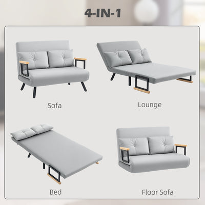 HOMCOM 4-in-1 Velvet-Feel Double Sofa Bed, with Pillows - Light Grey 