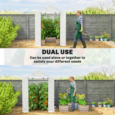 Outsunny Small Greenhouse with Raised Garden Bed, Galvanised Walk-in Greenhouse with Roll Up Windows, 141 x 141 x 190 cm, White 