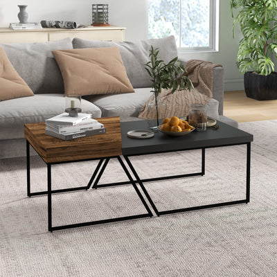 HOMCOM Coffee Table Set of 2, Industrial Nesting Table with Steel Frame and 8cm Thick Tabletop, Sofa Side End Table for Living Room, Rustic Brown 