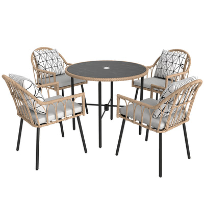 Outsunny 5 Piece Patio Rattan Dining Set, Wicker Garden Table and Chairs w/ Removable Seat & Back Cushions, Round Tempered Glass Tabletop, Parasol Hole, Outdoor Furniture Conservatory Set, Light Brown 