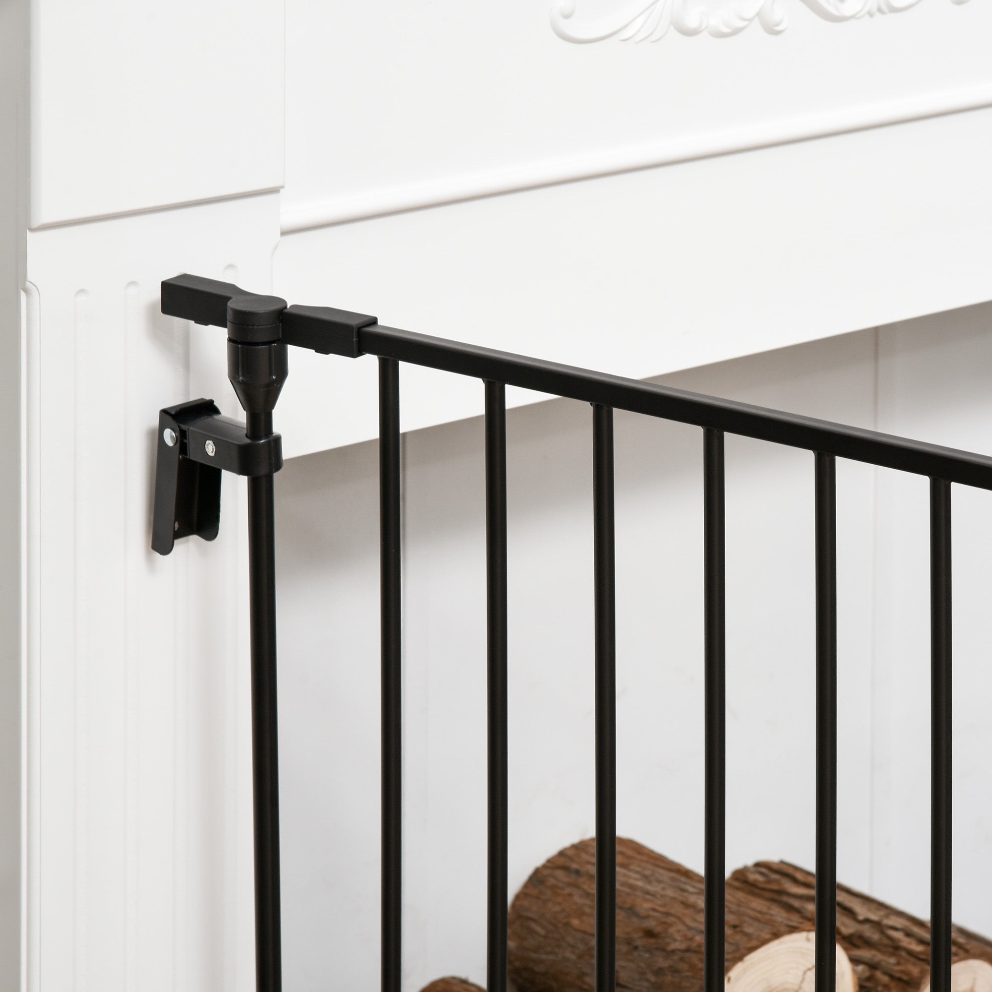 PawHut Pet Safety Gate, 3 Panels Playpen Fireplace, Metal Fence, Stair Barrier, Room Divider w/ Walk-Through Door - Black 
