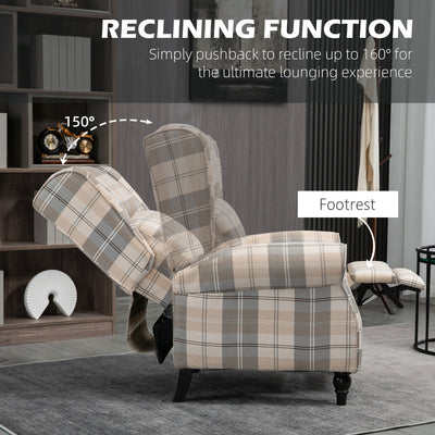 HOMCOM Wingback Recliner Armchair for Living Room, Pushback Reclining Chair with Round Armrests, Footrest and Rubber Wood Legs, Khaki 