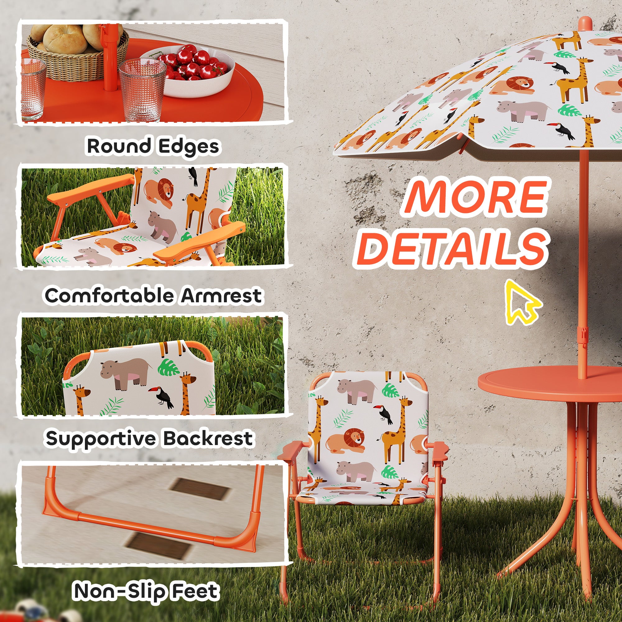 AIYAPLAY Kids Patio Set, Children Table and Chair Set, Outdoor Picnic Table with 2 Folding Chairs and Umbrella, Orange 