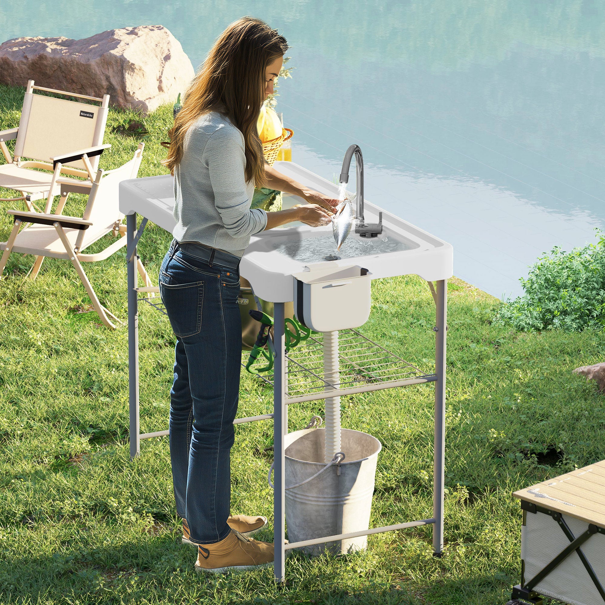 Outsunny Folding Fish Cleaning Table with Sinks, Portable Camping Sink Table with Faucet, Drainage Hose 