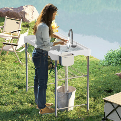 Outsunny Folding Fish Cleaning Table with Sinks, Portable Camping Sink Table with Faucet, Drainage Hose 