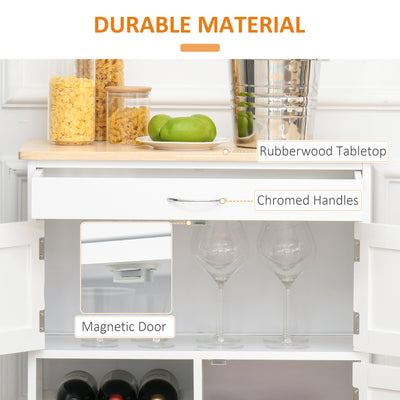HOMCOM Modern Kitchen Trolley, Rolling Island Storage Cart with Drawer, 9-bottle Wine Rack, Door Cabinets, Wooden Countertop, White 