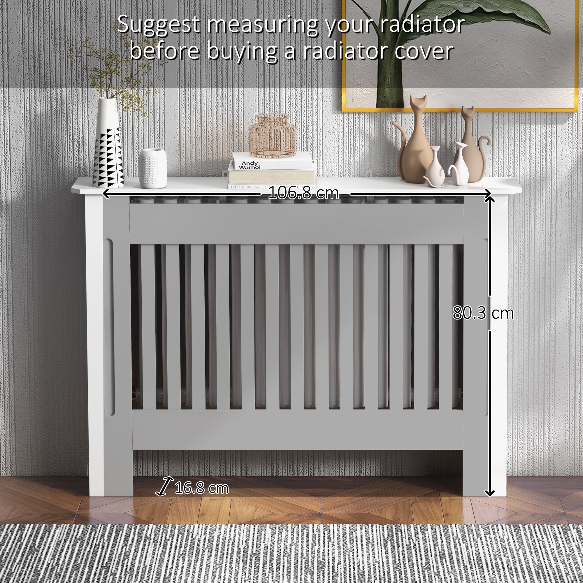 HOMCOM Slatted Radiator Cover Painted Cabinet MDF Lined Grill in White (112L x 19W x 81H cm) 