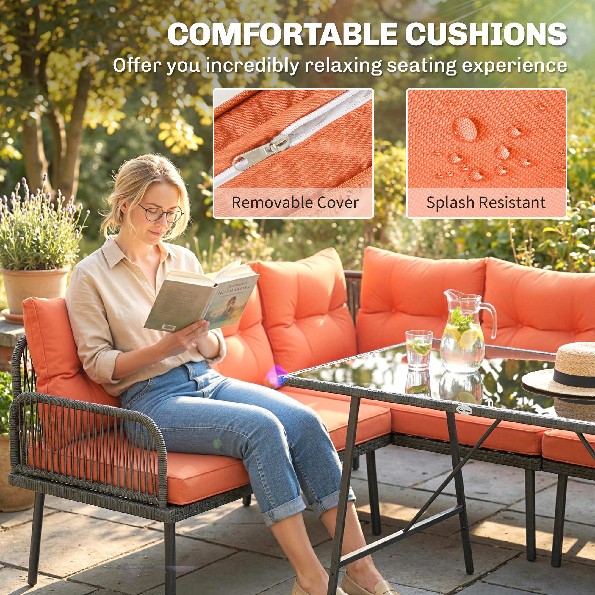 Outsunny 6 Piece Rattan Garden Furniture Set, 8 Seater Garden Corner Sofa with Cushions and Glass Top Table, Orange 