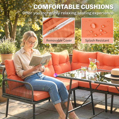 Outsunny 6 Piece Rattan Garden Furniture Set, 8 Seater Garden Corner Sofa with Cushions and Glass Top Table, Orange 