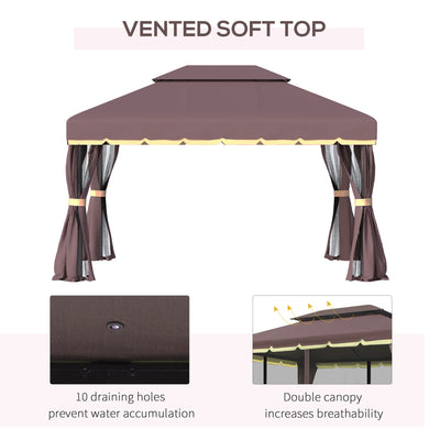 Outsunny 3 x 4m Aluminium Garden Gazebo, Marquee Canopy Shelter Pavilion Party Tent with Nets and Curtains for Garden and Deck, Coffee 