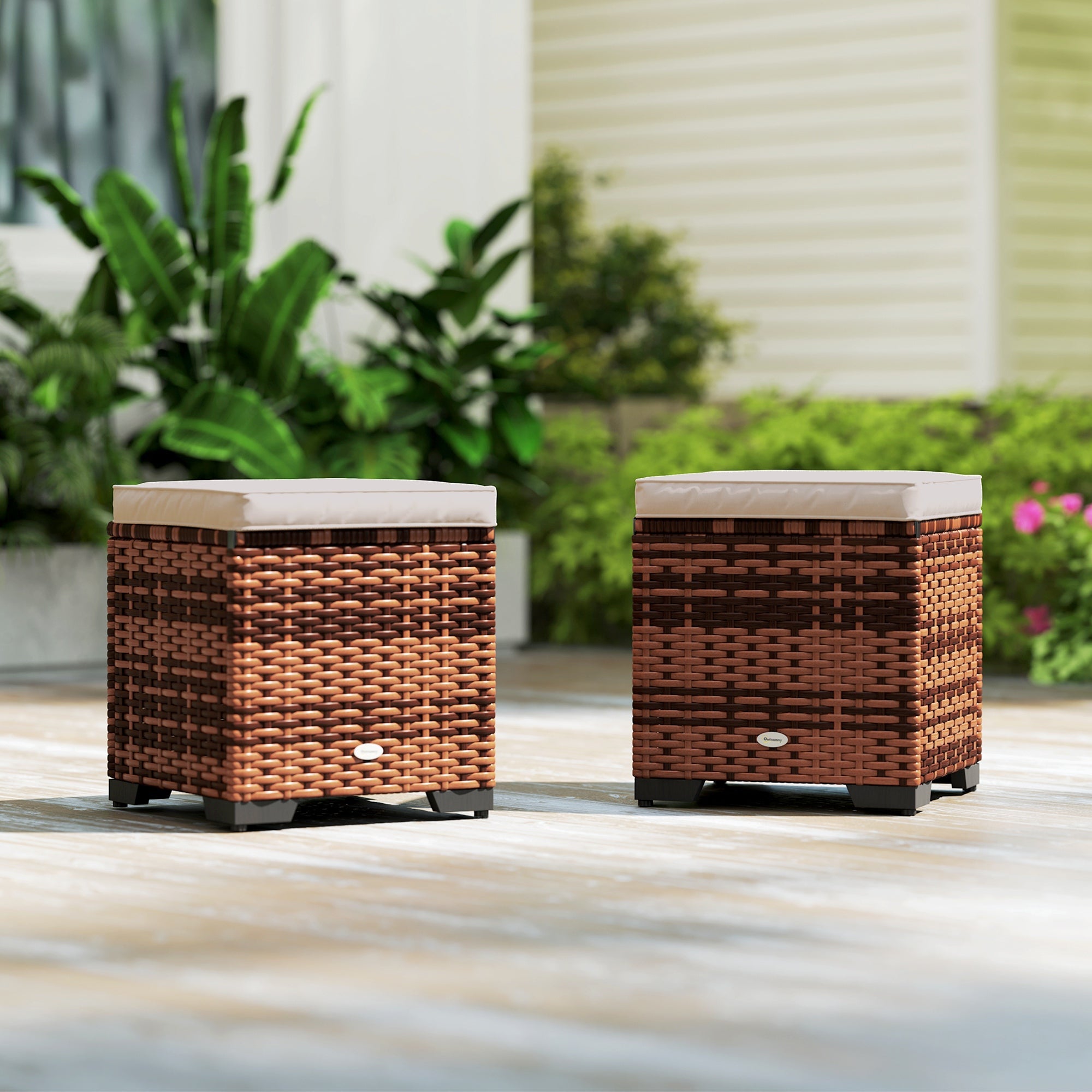 Outsunny Set of 2 Rattan Storage Ottoman, Outdoor Footstool with Removable Cushions, Garden Storage Seat for Balcony, Poolside, Living Room, Beige 