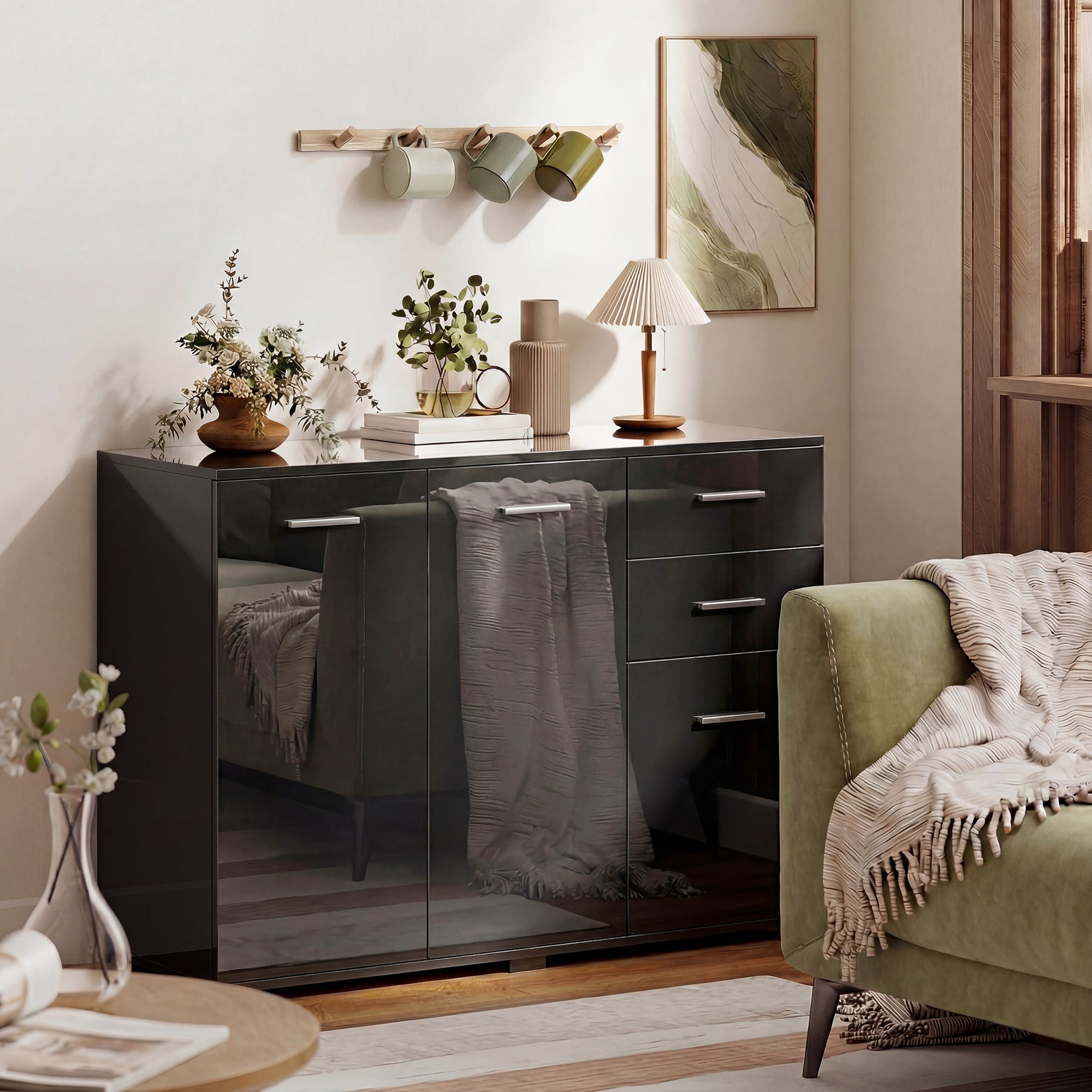 HOMCOM Sideboard, Modern Storage Cabinet with 2 Drawers, 3 Doors and Adjustable Shelves, High Gloss Black 