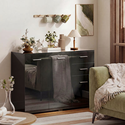 HOMCOM Sideboard, Modern Storage Cabinet with 2 Drawers, 3 Doors and Adjustable Shelves, High Gloss Black 