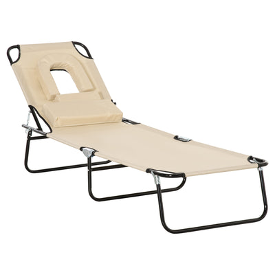 Outsunny Outdoor Foldable Sun Lounger, 4 Level Adjustable Backrest Reclining Sun Lounger Chair with Pillow and Reading Hole, Beige 
