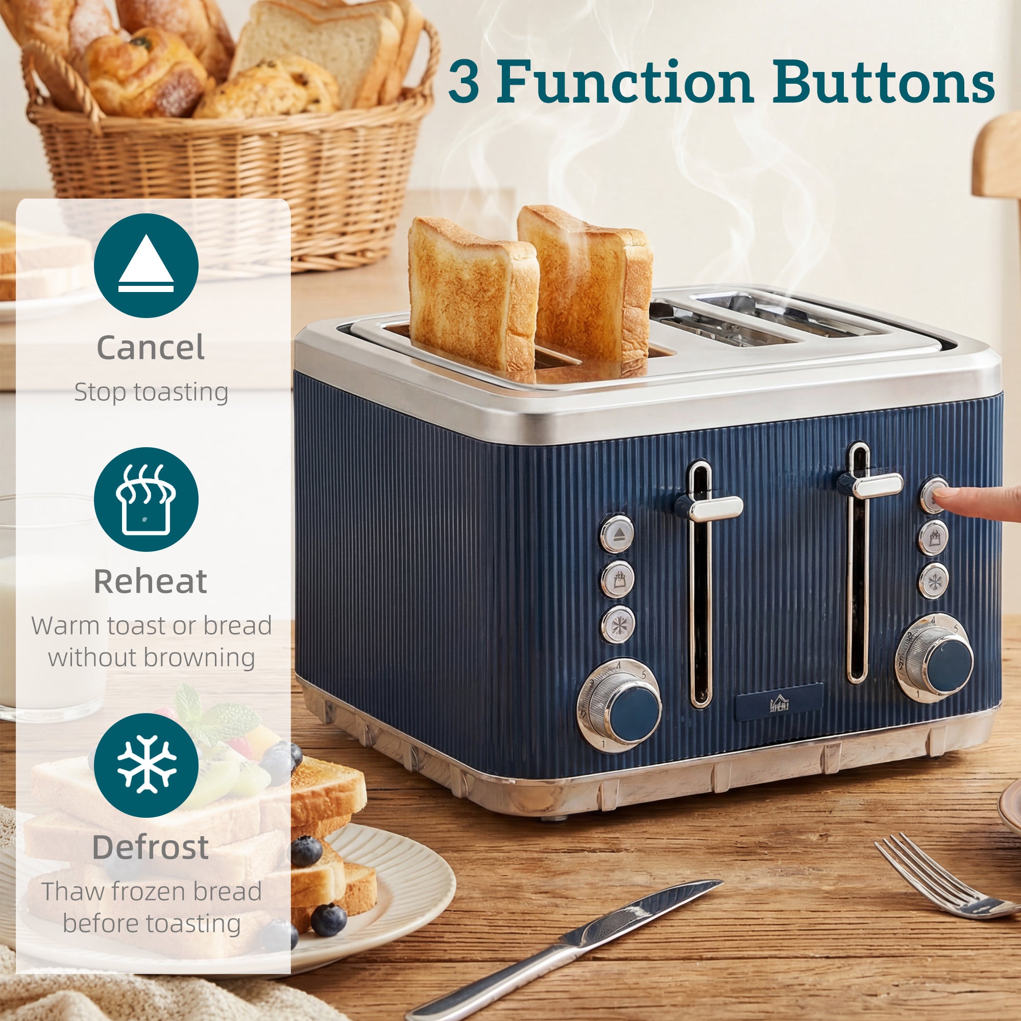 HOMCOM Electric Stainless Steel Kettle and Toaster Set, 3000W 1.7L UK Strix Thermostat Dark Blue 